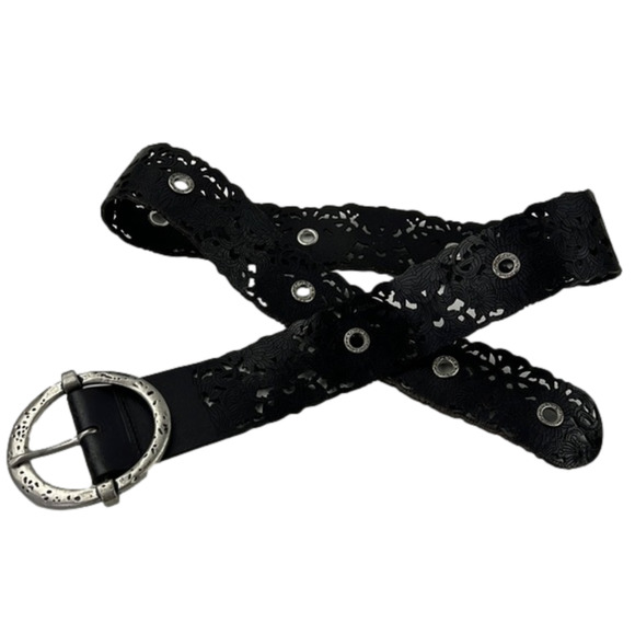 Accessories - Black Leather Laser Cut-out Belt with Hammered Silver Buckle